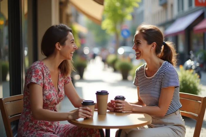 Deux mamans partageant les dernières tendances parentales autour d'un café en terrasse urbaine