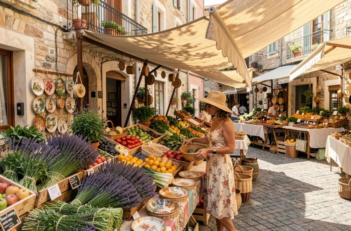 Femme au chapeau de paille explorant un marché artisanal traditionnel dans les rues de Monaco
