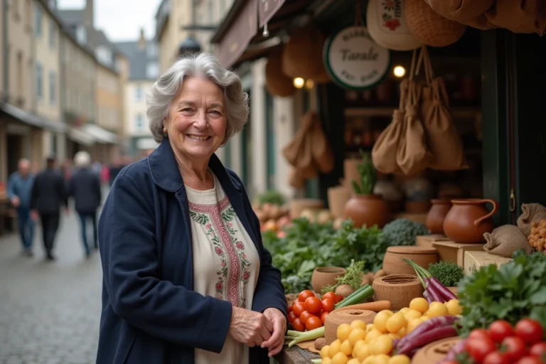 Femme bretonne en costume traditionnel sur un marché local en Bretagne avec des produits régionaux