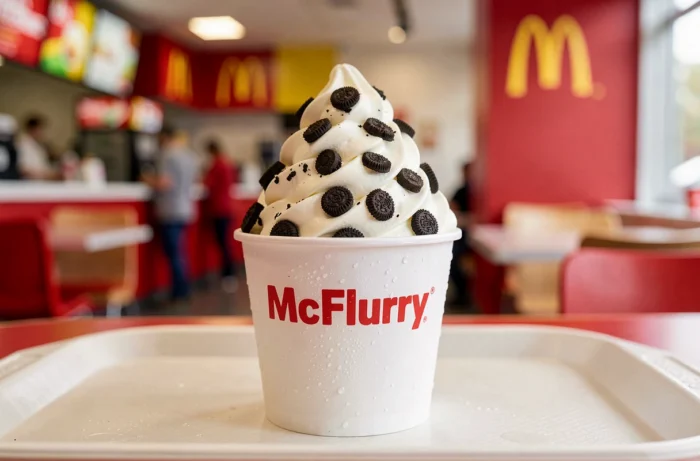McFlurry McDonald's sur un plateau de restauration rapide avec glace vanille et morceaux de cookies au chocolat