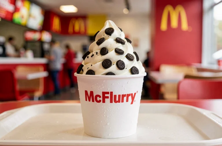 McFlurry McDonald's sur un plateau de restauration rapide avec glace vanille et morceaux de cookies au chocolat