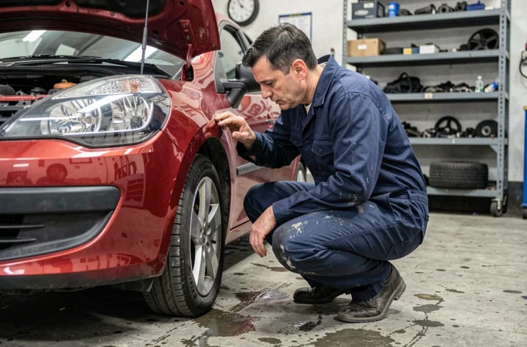 Mécanicien inspectant le compartiment moteur d'une Renault Clio 3 dans un garage automobile