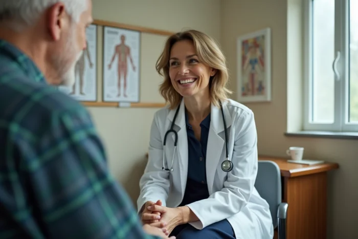 Médecin femme à l'écoute d'un patient âgé lors d'une consultation médicale bienveillante
