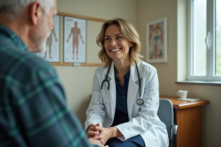 Médecin femme à l'écoute d'un patient âgé lors d'une consultation médicale bienveillante
