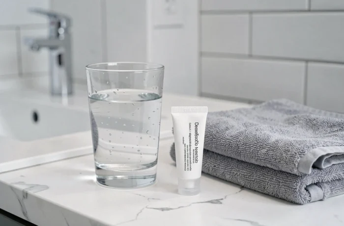 Tube de Microlax posé sur un plan de travail de salle de bain avec un verre d'eau et une serviette propre