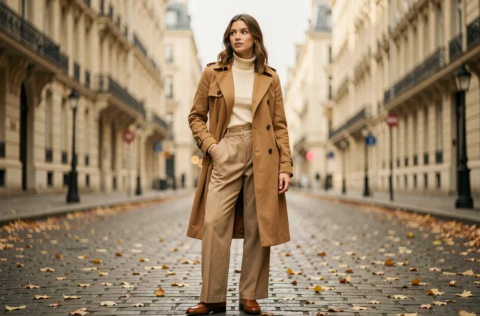 Femme élégante en trench camel et pantalon large beige sur un boulevard parisien en automne