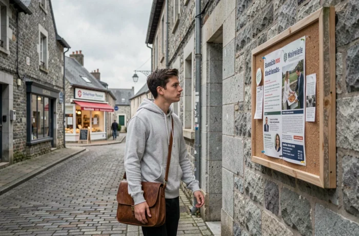 Jeune demandeur d'emploi consultant une offre d'emploi affichée dans une rue de la Manche en Normandie