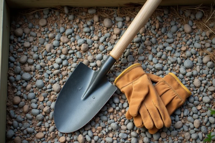 Outils de jardinage pour enlever le gravier posés sur une cour gravillonnée