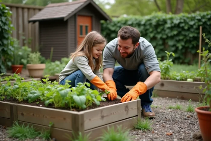 Père et enfant jardinent ensemble dans un potager familial, moment complice en plein air