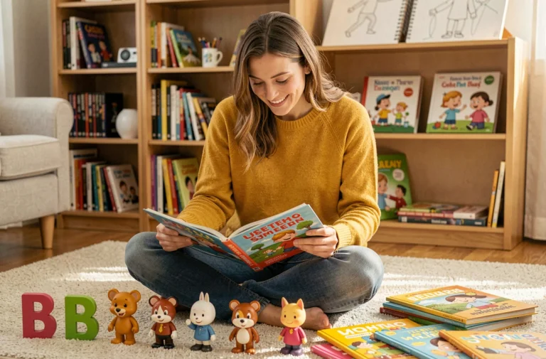 Femme entourée de figurines et livres de personnages de dessins animés commençant par B dans un salon cosy