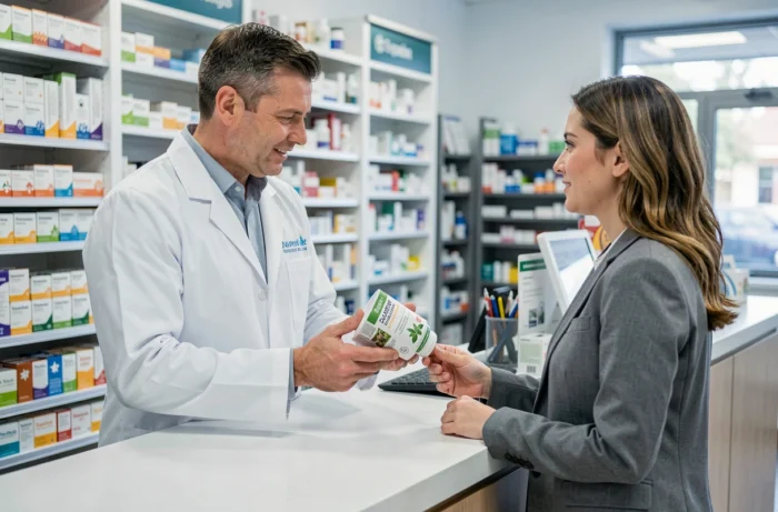 Pharmacien expliquant les contre-indications d'un complément à base de plantes à une cliente en pharmacie
