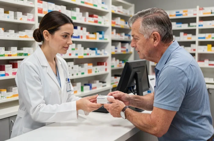 Pharmacienne remettant un médicament laxatif à un patient en pharmacie lors d'une consultation au comptoir