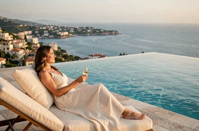 Femme élégante au bord d'une piscine à débordement privée sur le toit d'un hôtel de luxe avec vue panoramique sur la Méditerranée
