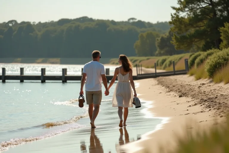 Couple se promenant sur la plage de Conleau à Vannes au bord de l'estuaire du golfe du Morbihan