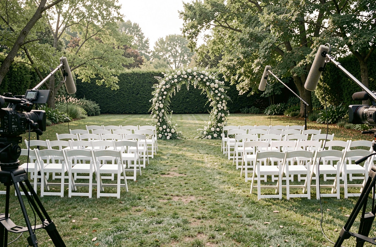 Plateau de tournage d'une émission de mariage télévisée avec chaises blanches et arche florale vide, matériel de production visible en arrière-plan