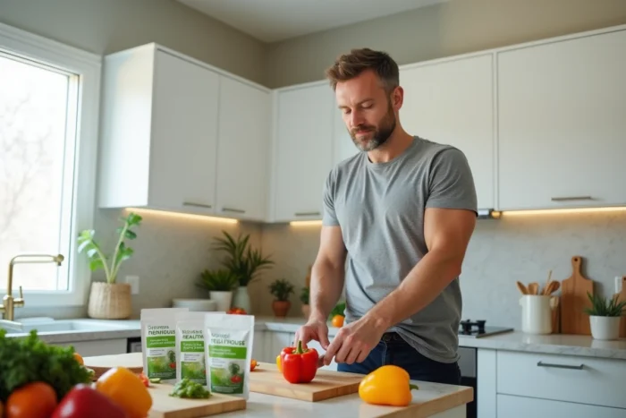 Homme préparant un repas sain et équilibré en suivant le programme Naturhouse chez lui