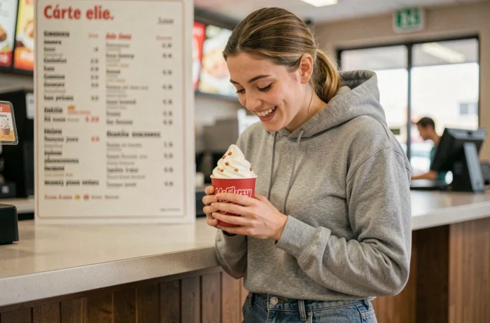 Jeune femme tenant un McFlurry dans un restaurant McDonald's avec panneau de prix en arrière-plan