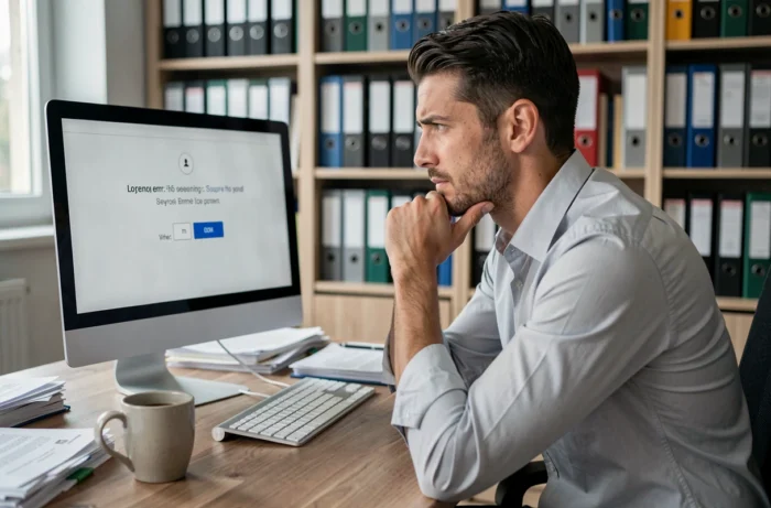 Homme face à un message d'erreur lors de la connexion à un portail RH depuis son bureau à domicile