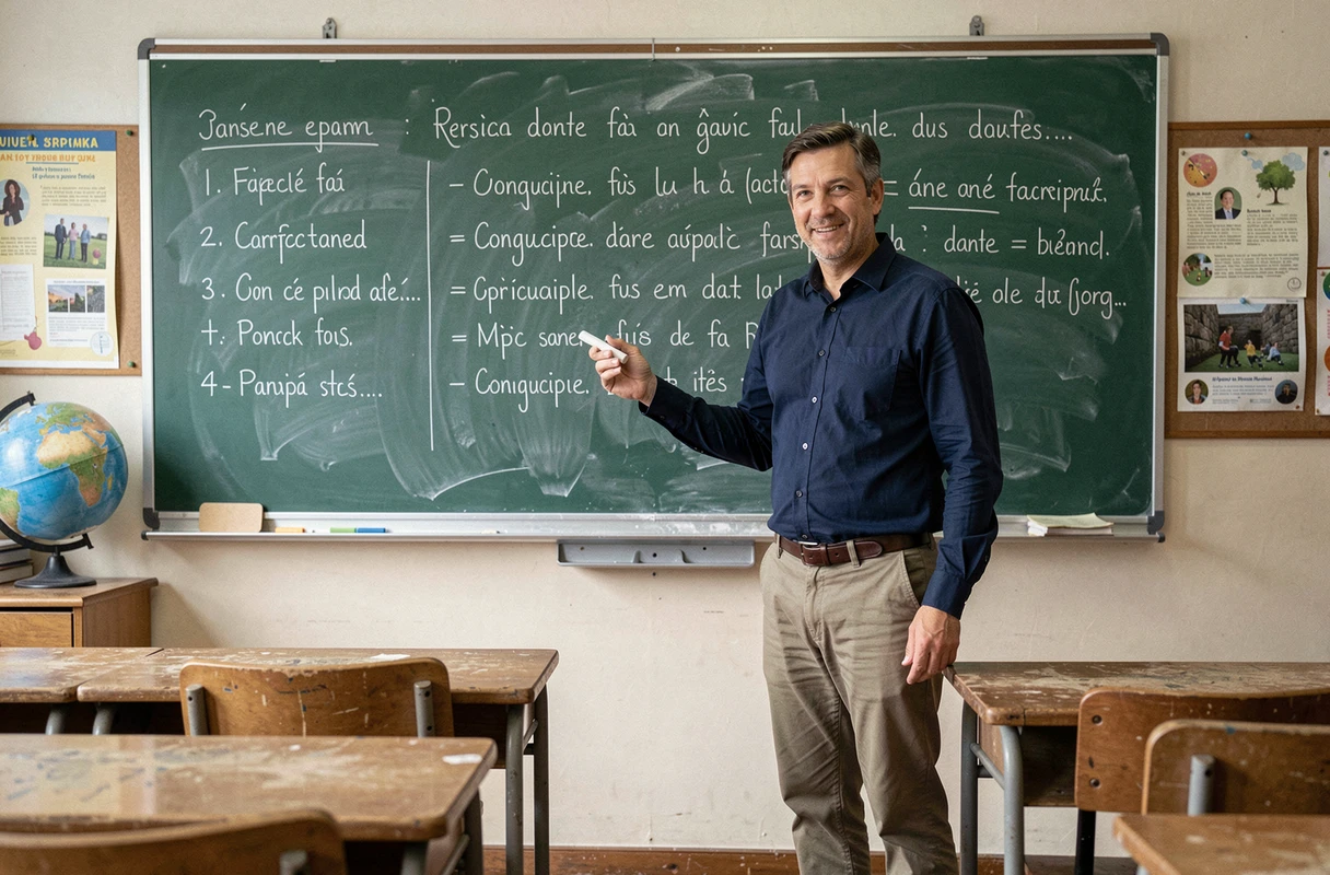 Professeur de français expliquant des règles grammaticales au tableau noir dans une salle de classe traditionnelle