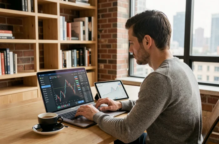 Jeune professionnel de la finance analysant des tendances boursières en temps réel depuis son bureau à domicile