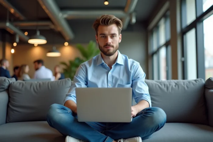 Jeune professionnel du marketing gérant les réseaux sociaux d'une entreprise dans un espace de coworking moderne
