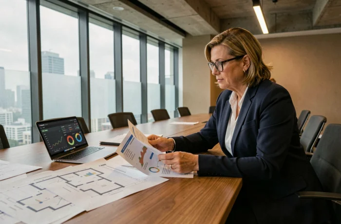 Professionnelle en entreprise analysant les rapports de performance énergétique liés au Décret Tertiaire 2026