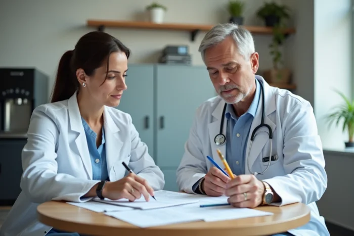 Deux professionnels de santé discutant d'une stratégie de communication autour d'un dossier médical