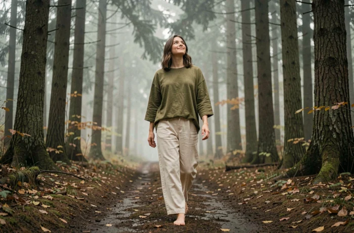 Jeune femme se promenant en forêt pour apaiser le stress et réduire l'angoisse