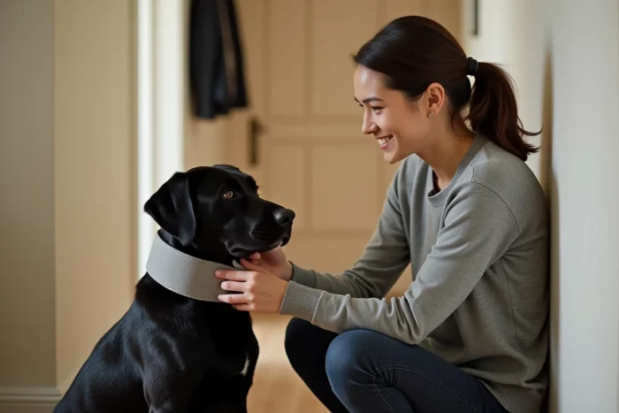 Propriétaire ajustant la collerette souple de son labrador noir avant de le laisser seul à la maison après une opération