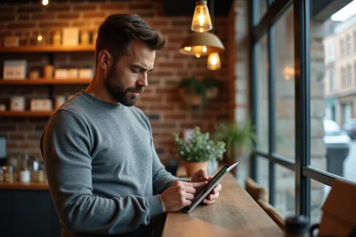 Propriétaire de boutique mettant à jour sa présence en ligne sur une tablette derrière le comptoir de sa boutique