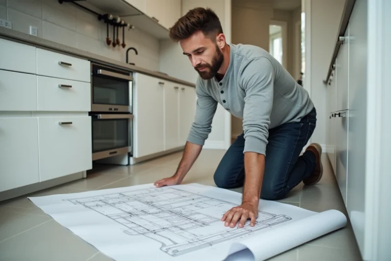 Propriétaire qui consulte un plan de canalisation déroulé sur le sol de sa cuisine
