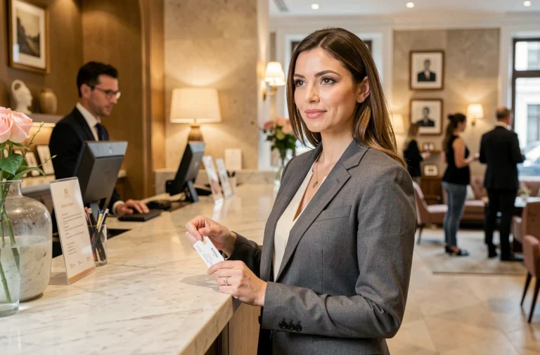 Femme à la réception d'un hôtel boutique parisien tenant une carte de chambre, illustrant le prix moyen d'une nuit d'hôtel en France