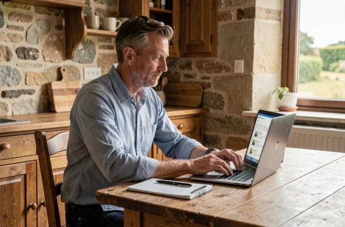 Homme cherchant un emploi en ligne depuis son domicile en Normandie dans la Manche
