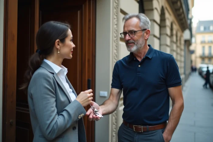 Remise des clés entre propriétaire et locataire lors de l'état des lieux de sortie devant un immeuble parisien