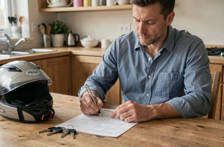 Homme remplissant un certificat de cession moto à une table en bois avec un casque et des clés posés à côté
