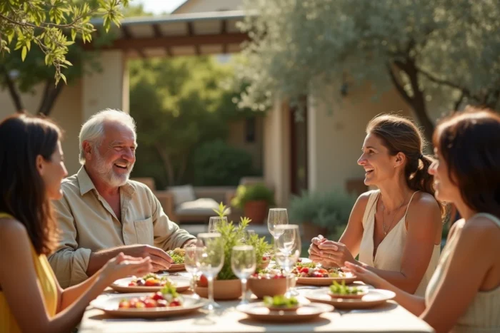 Repas convivial en famille dans un jardin provençal ensoleillé, illustrant la vie privée et l'entourage familial d'un humoriste connu