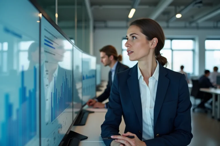 Responsable achats analysant des tableaux de bord de performance fournisseurs sur écran numérique dans un bureau moderne