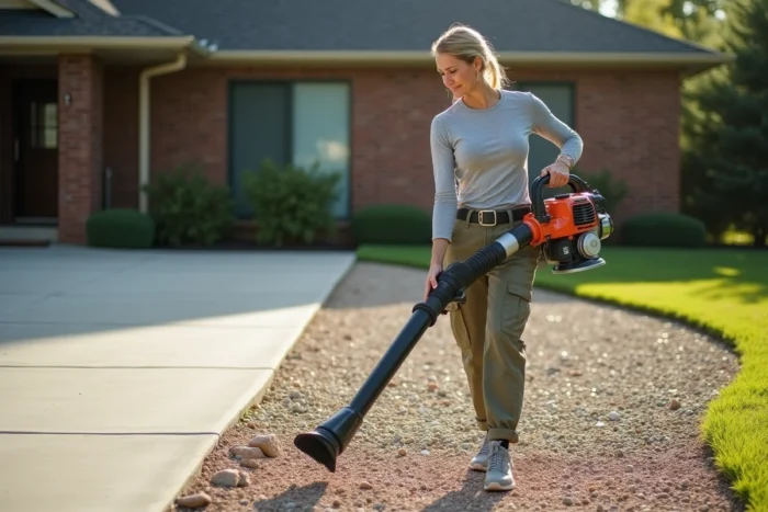 Femme utilisant un souffleur pour déplacer le gravier d'une allée de maison