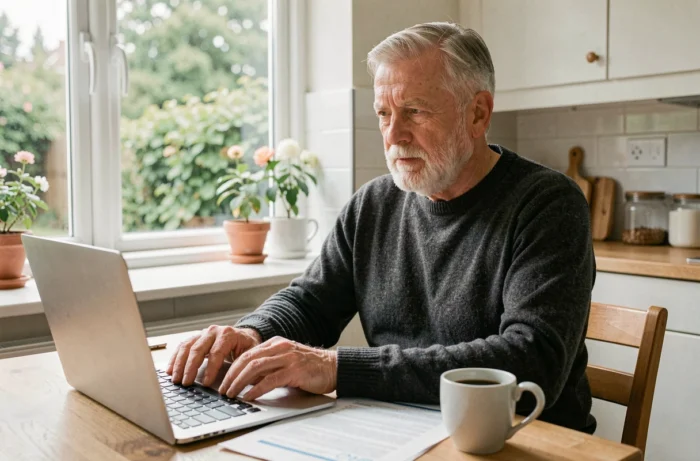 Homme retraité de 65 ans effectuant des démarches en ligne pour une dispense de recherche d'emploi depuis chez lui