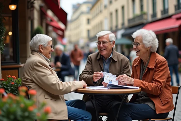 Groupe de retraités SNCF discutant de leurs avantages voyage en terrasse de café