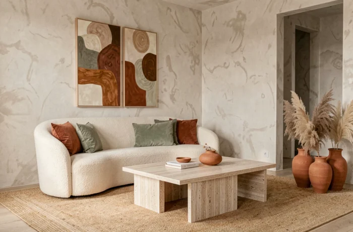 Salon contemporain aux tendances 2024 avec canapé bouclé crème, table en travertin et murs en stuc chaulé dans des tons terreux