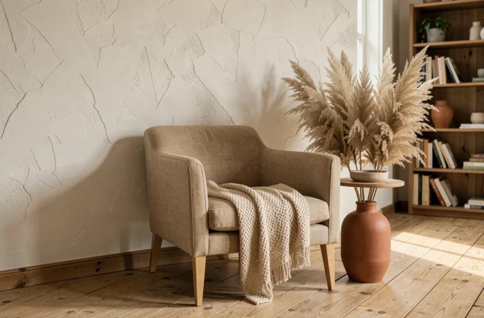 Salon scandinave tendance avec fauteuil en lin, vase en terracotta et parquet bois naturel — décoration intérieure 2024