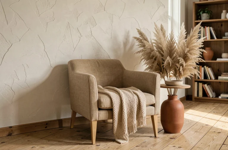 Salon scandinave tendance avec fauteuil en lin, vase en terracotta et parquet bois naturel — décoration intérieure 2024