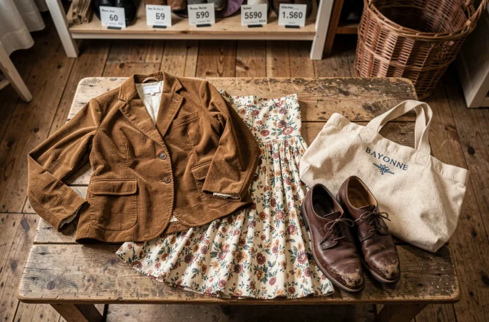 Sélection de vêtements vintage disposés en flat lay dans une boutique de fripes à Bayonne