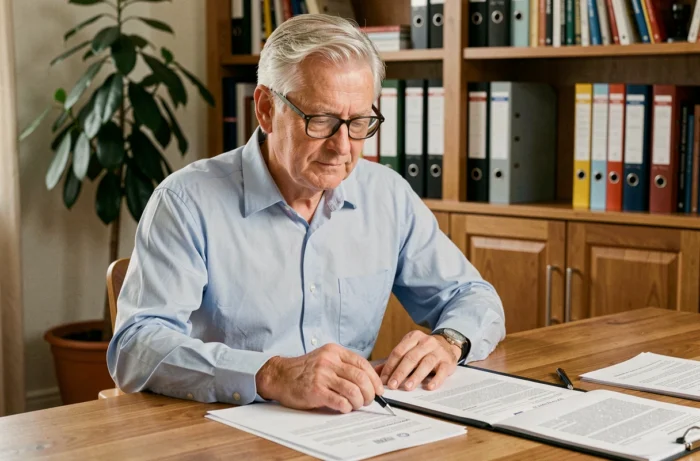 Homme senior de 63 ans consultant des documents administratifs pour une dispense de recherche d'emploi après 62 ans