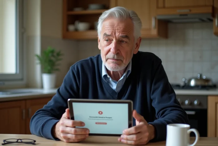 Personne âgée face à un message d'erreur FranceConnect sur une tablette dans sa cuisine, cherchant à accéder au parloir numérique