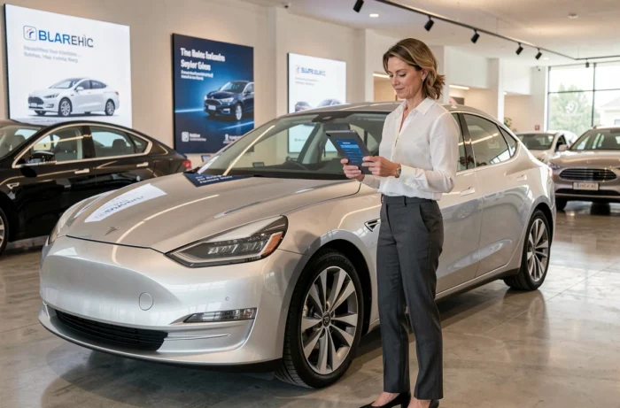 Professionnelle du secteur automobile utilisant une tablette pour accéder aux services en ligne dans un showroom de véhicules