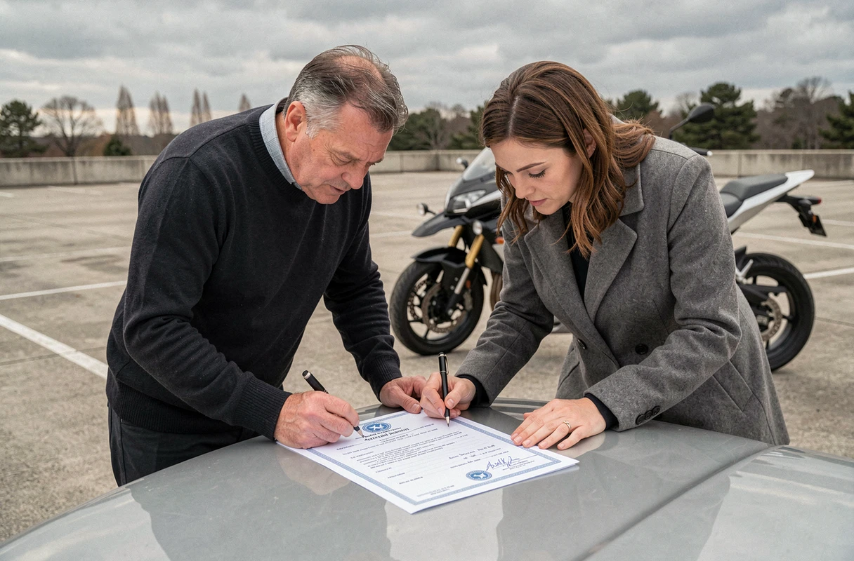 Deux personnes signant conjointement un certificat de cession de moto sur le capot d'une voiture dans un parking