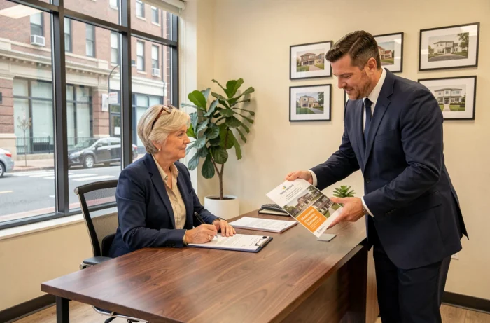 Femme signant des documents immobiliers dans une agence lors d'un projet de construction ou rénovation