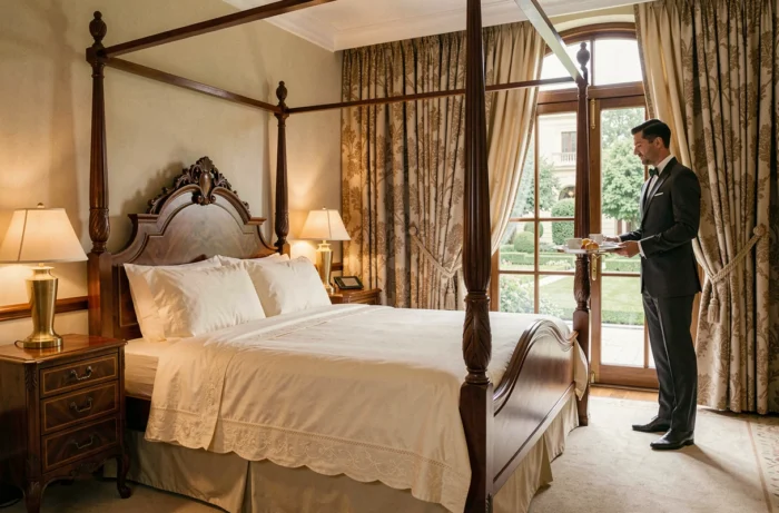 Suite présidentielle d'hôtel ultra-luxueux avec lit à baldaquin sculpté, linge en coton égyptien et majordome en tenue formelle